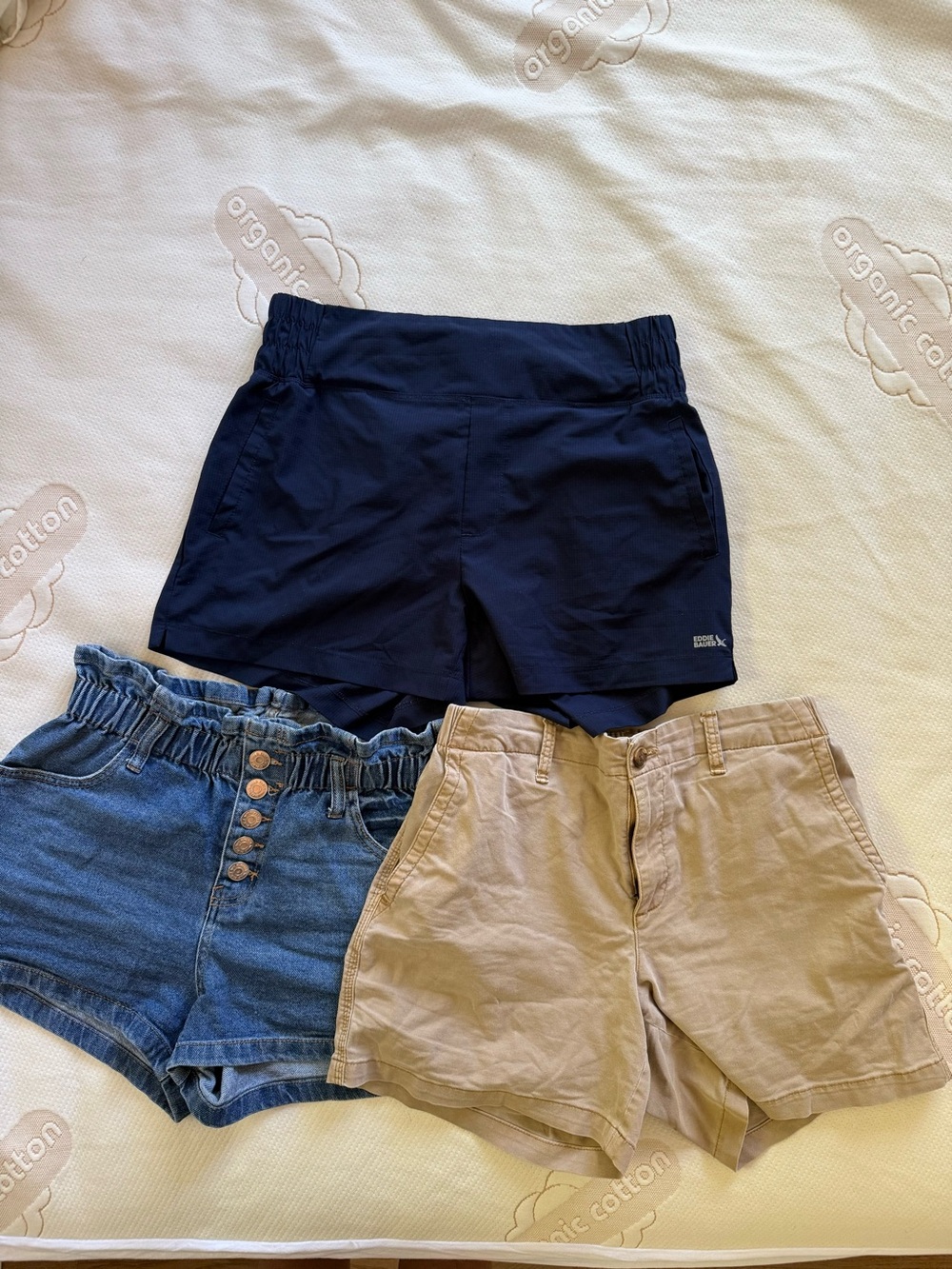 Eddie Bauer Navy High-Waist Active Shorts + Denim & Khaki Trio
